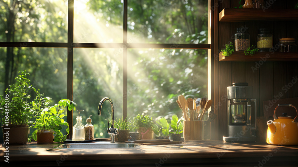 serene kitchen scene with running tap, sunlight streaming through window, and lush greenery. atmosphere is calm and inviting, perfect for cooking serene kitchen scene with running tap, sunlight streaming through window, and lush greenery. atmosphere is calm and inviting, perfect for cooking