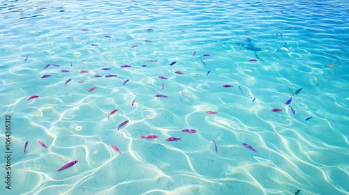 A school of small, vibrant fish swimming in crystal clear, shallow blue water.