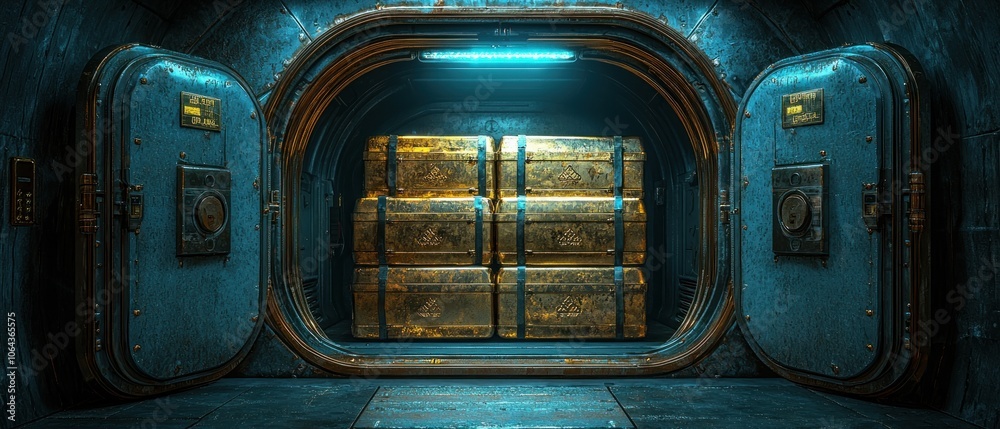 Obraz premium Stack of Gold Bars Behind Open Vault Doors in an Industrial Setting