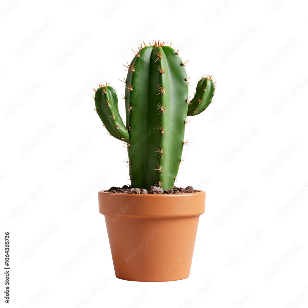 Green cactus in terracotta pot with spikes and vibrant foliage Green cactus in terracotta pot with spikes and vibrant foliage