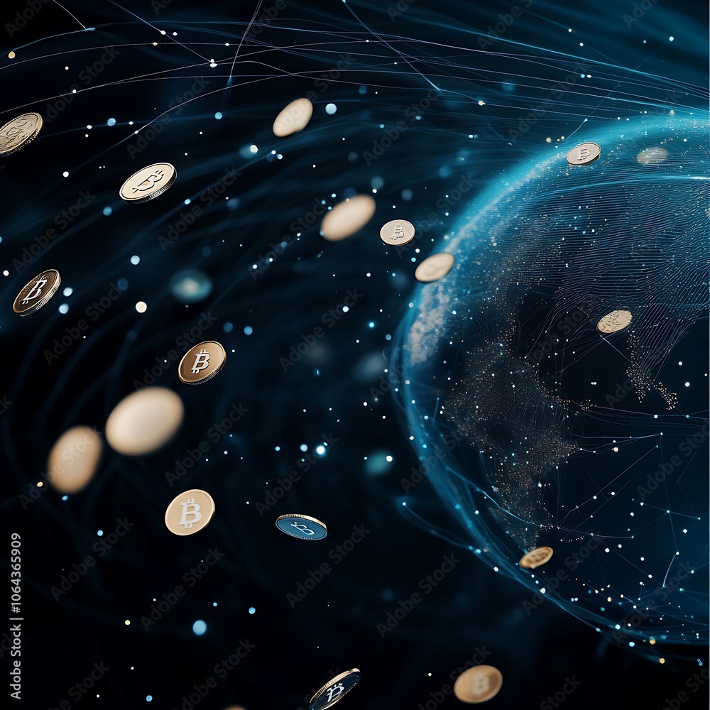 Obraz premium Digital coins orbiting the Earth, representing global cryptocurrency usage.