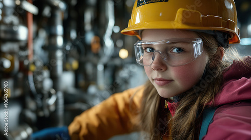 young girl wearing hard hat and safety glasses, focused on her work in industrial setting. Her expression shows determination and curiosity