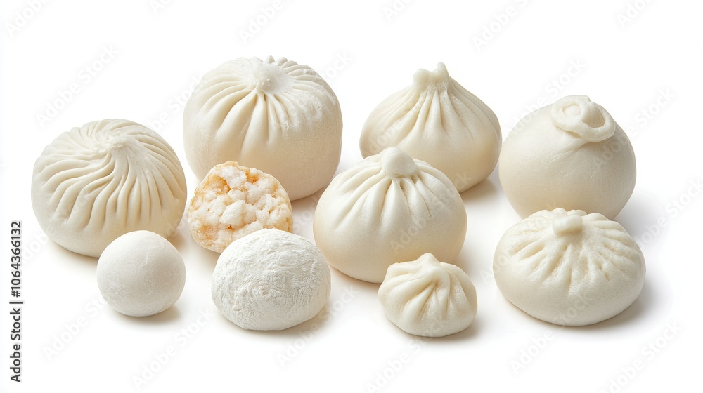Various White Dumplings Displayed on a White Surface Various White Dumplings Displayed on a White Surface