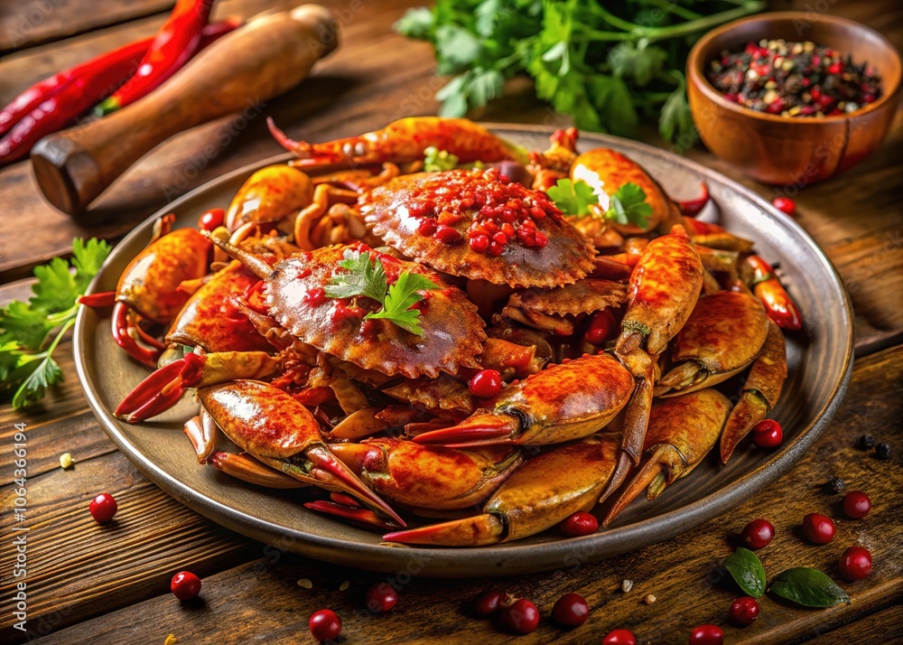 Spicy Marinated Crab Panoramic View, Delicious Seafood, Gourmet Food Photography Spicy Marinated Crab Panoramic View, Delicious Seafood, Gourmet Food Photography