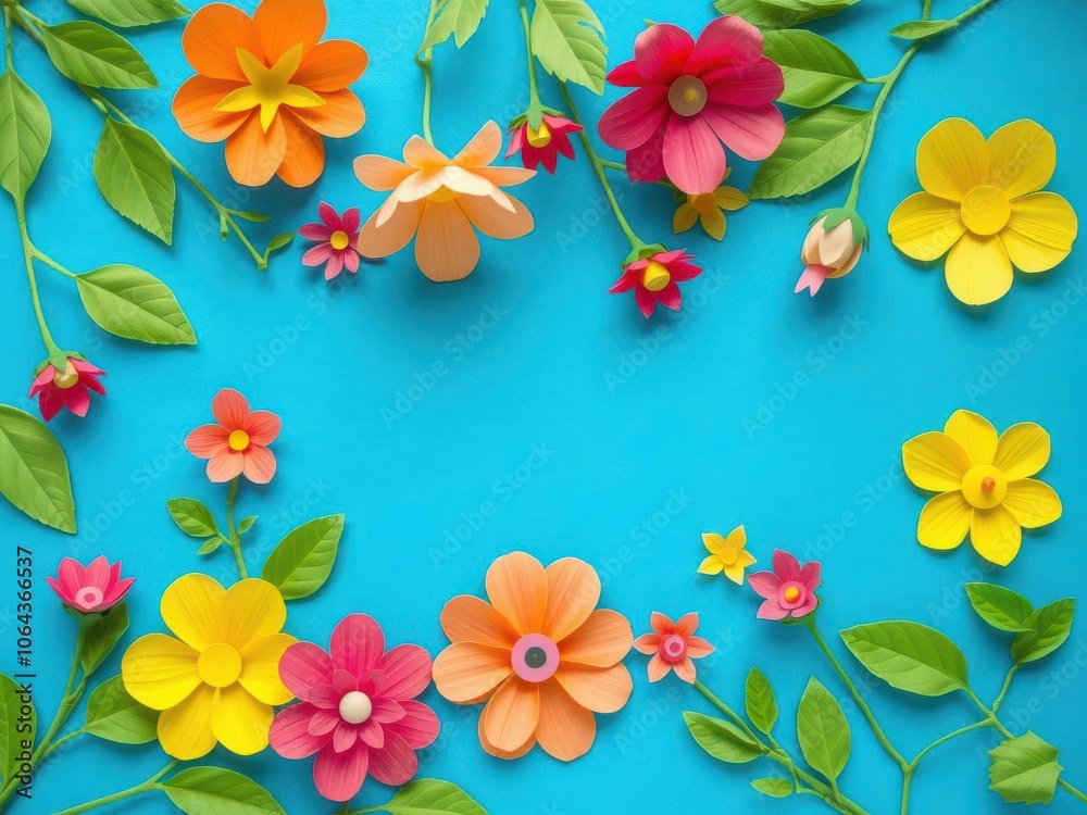Colorful paper cut flowers with green leaves arranged in a top view pattern on a blue background with copy space, green leaves, copy space, colorful Colorful paper cut flowers with green leaves arranged in a top view pattern on a blue background with copy space, green leaves, copy space, colorful