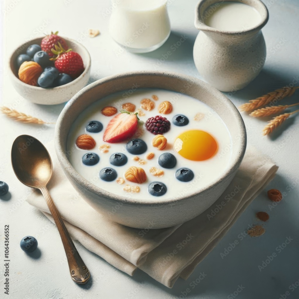 Milk-filled breakfast bowl with ample copy space, ideal for food marketing visuals Milk-filled breakfast bowl with ample copy space, ideal for food marketing visuals