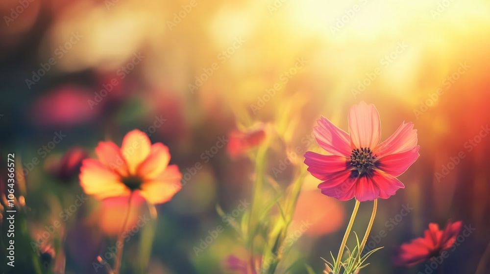 Vibrant cosmos flower field in bloom with colorful petals under soft sunlight, featuring an idyllic nature landscape with a warm toned filter for a dreamy floral background Vibrant cosmos flower field in bloom with colorful petals under soft sunlight, featuring an idyllic nature landscape with a warm toned filter for a dreamy floral background