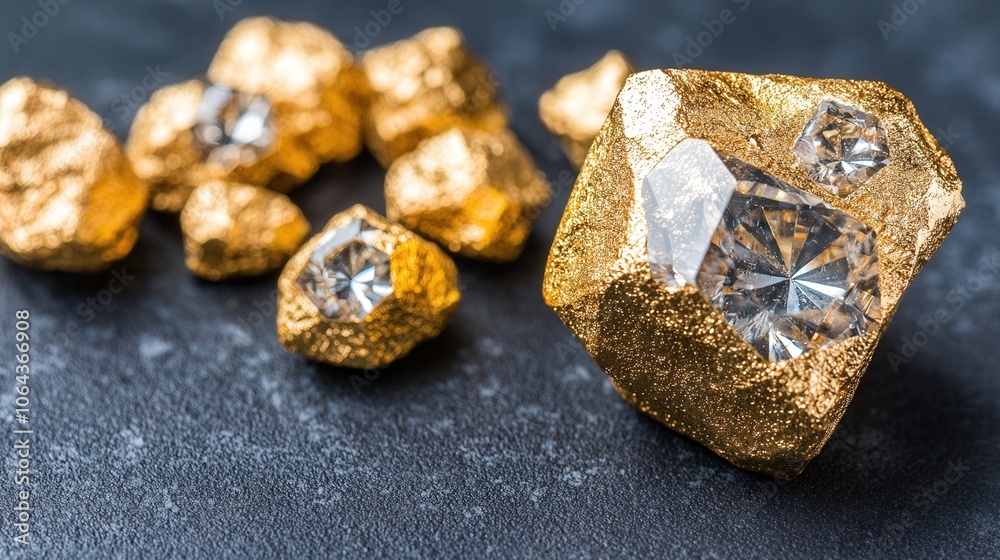 Gold Nuggets and Diamonds on Black Background Luxury Wealth Treasure Concept Gold Nuggets and Diamonds on Black Background Luxury Wealth Treasure Concept