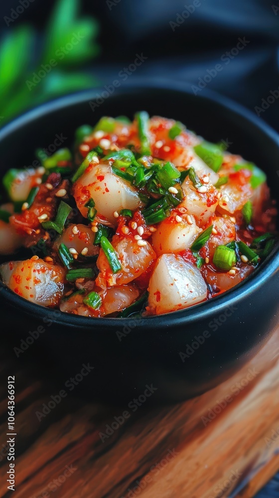 Deliciously seasoned diced vegetables in a black bowl on a wooden surface. Deliciously seasoned diced vegetables in a black bowl on a wooden surface.