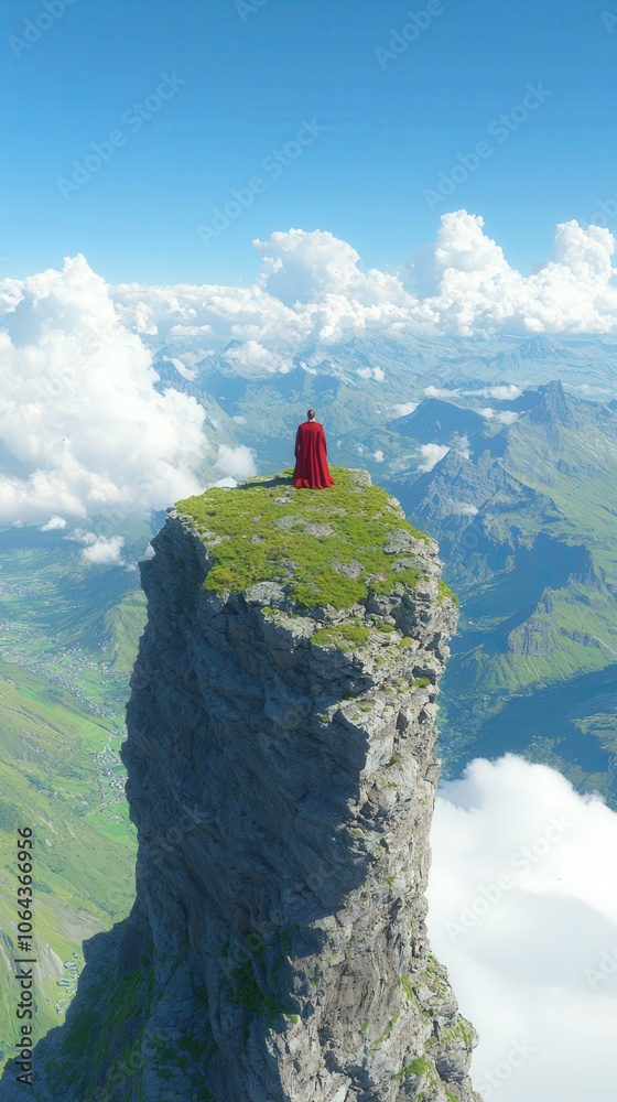 Naklejka premium Man in Red Robe Standing on Mountain Peak with Dramatic View