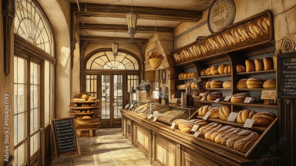 A vibrant scene of a bakery display filled with various types of bread, including baguettes