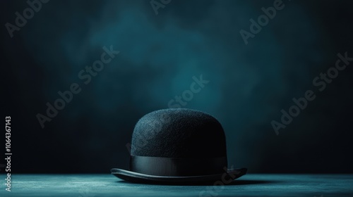Obraz na płótnie Elegant black bowler hat on a table against a dramatic blue background.