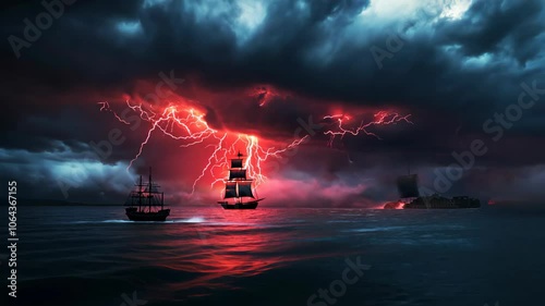 stormy ocean with silhouette shadow of galleon ship sailing under black cloud  photo