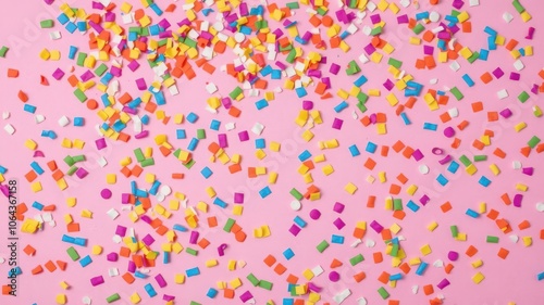 Colorful party confetti scattered on pink background, festive, vibrant