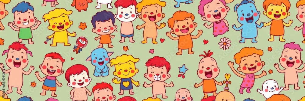 Colorful seamless pattern featuring cartoon characters in playful poses and expressions, colorful Colorful seamless pattern featuring cartoon characters in playful poses and expressions, colorful