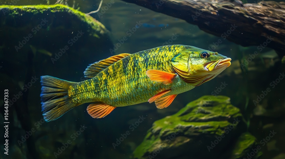 A vibrant yellow, green, and blue fish swims with its mouth open, surrounded by rocks and greenery in an aquarium. A vibrant yellow, green, and blue fish swims with its mouth open, surrounded by rocks and greenery in an aquarium.