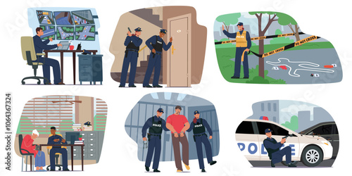 Collection Scenes Illustrating Police Work, Including Surveillance, Investigation, Crime Scene Management, Interrogation