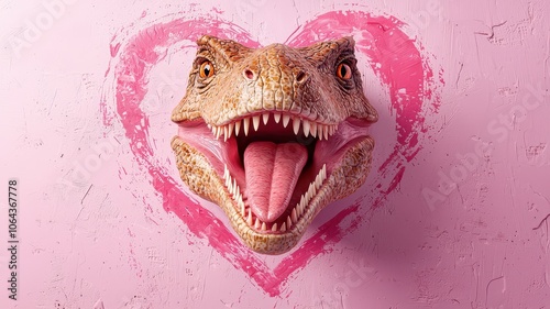 A dinosaur head roaring within a pink heart shape, blending fierce imagery with a playful romantic theme.