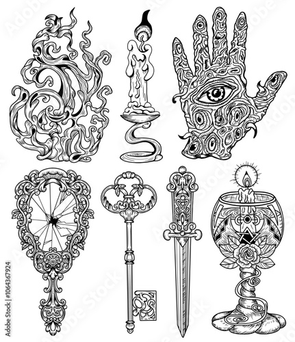 Hand drawn design set with engraved mystic and gothic objects - mirror, key, candle, cup, scary hand, sword. Hand drawn vector graphic illustrations for Halloween with esoteric and occult symbols