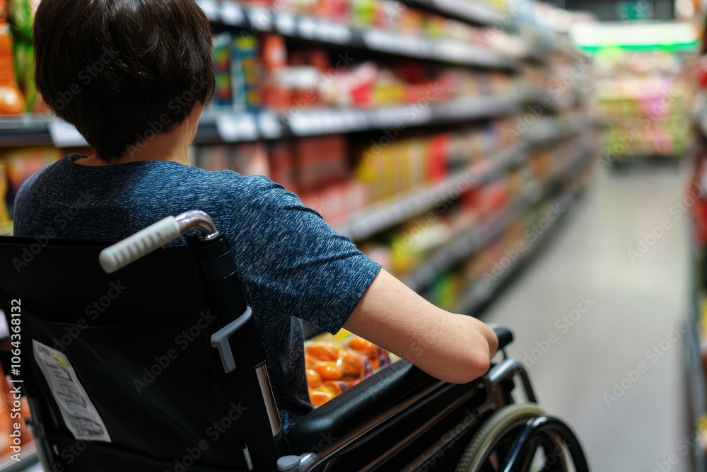 Obraz premium A person hand mobility issue is sitting in a wheelchair to shopping in a supermarket.