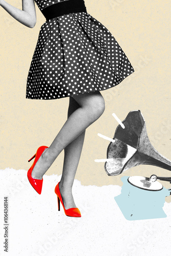 Creative trend collage of dancing retro female high heels shoes gramophone music weird freak bizarre unusual fantasy photo