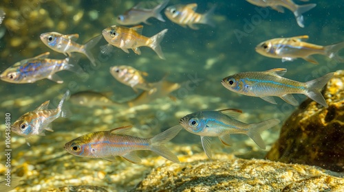 A school of small, silvery fish with blue stripes swim in clear water, with a rocky bottom.