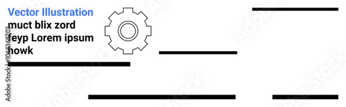 Gear icon highlighted with random text and horizontal lines. Ideal for engineering, technology, mechanical concepts, website banners, technical presentations, instructional materials, software