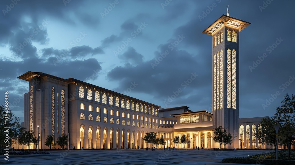 Obraz premium A grand mosque with a tall minaret lit up at night, with people walking in front of it.