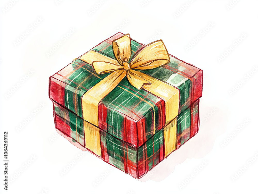 Obraz premium cozy watercolor style holiday gift box with festive plaid design and bright yellow ribbon, perfect for seasonal celebrations and gift giving