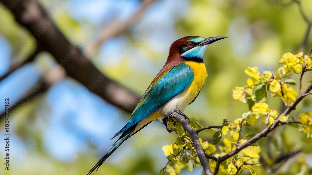 European bee-eater bird perched on branch in natural habitat, vibrant plumage and colorful feathers, capturing the beauty of avian wildlife in a peaceful outdoor environment European bee-eater bird perched on branch in natural habitat, vibrant plumage and colorful feathers, capturing the beauty of avian wildlife in a peaceful outdoor environment