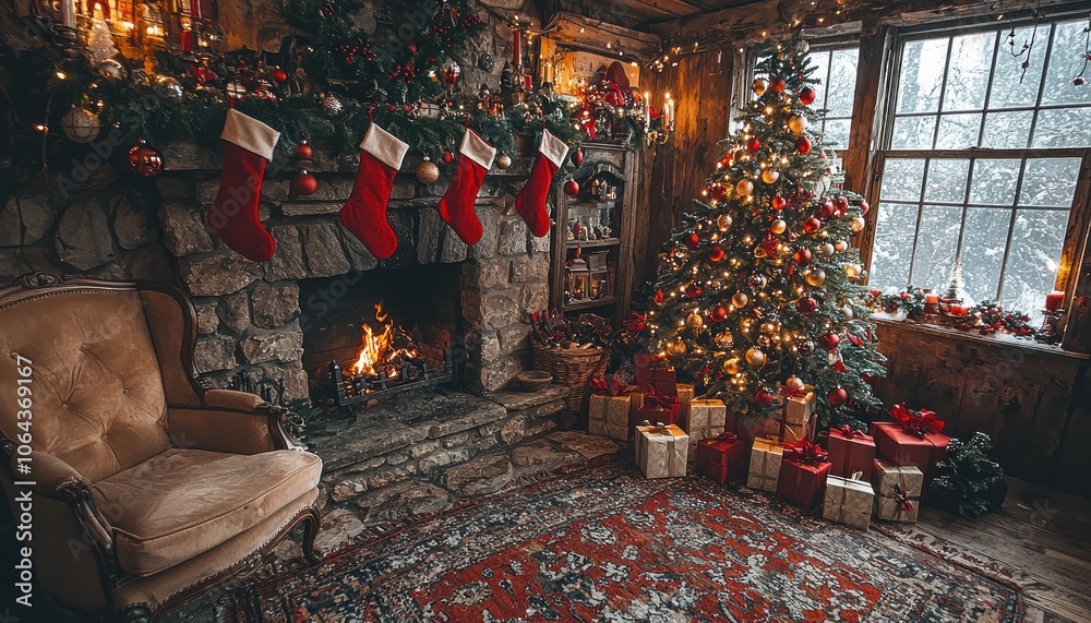 Naklejka premium Cozy Christmas Cabin Interior with Fireplace, Decorated Tree, and Gifts