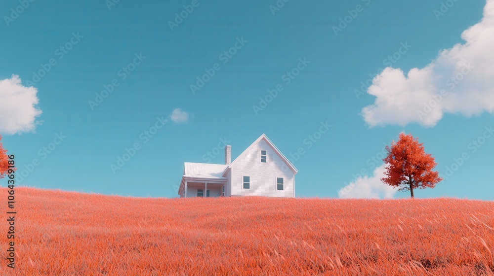 White House on a Hilltop with Red Grass and Blue Sky White House on a Hilltop with Red Grass and Blue Sky