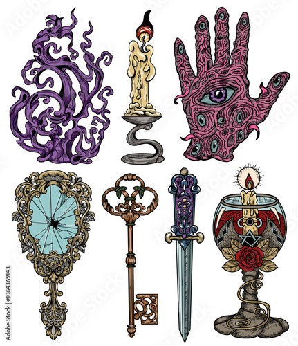 Hand drawn design set with colorful engraved mystic and gothic objects - mirror, key, candle, cup, scary hand, sword. Hand drawn vector illustrations for Halloween with esoteric and occult symbols