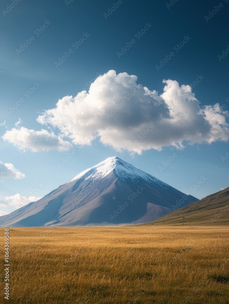 Majestic mountain under a blue sky with fluffy clouds and golden grassland in the foreground. Majestic mountain under a blue sky with fluffy clouds and golden grassland in the foreground.