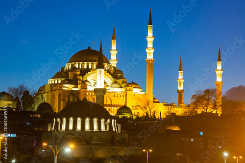 Suleymaniye Mosque view at night in Istanbul, Turkey photo