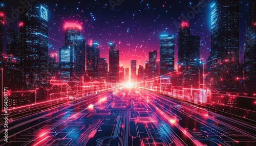 A futuristic cityscape with glowing neon lines forming a circuit board pattern