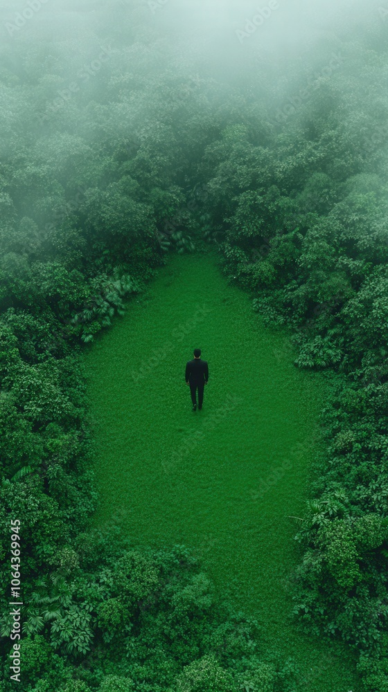 Obraz premium Man Walking in Foggy Forest Nature Green Landscape Tranquil Scenery Path Through Trees