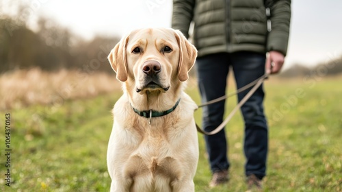 A loving labrador retriever enjoys a walk in the park with its owner emphasizing the bond between pets and their humans