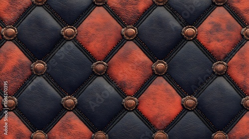 Black and Orange Diamond Leather Upholstery Texture with Studs photo