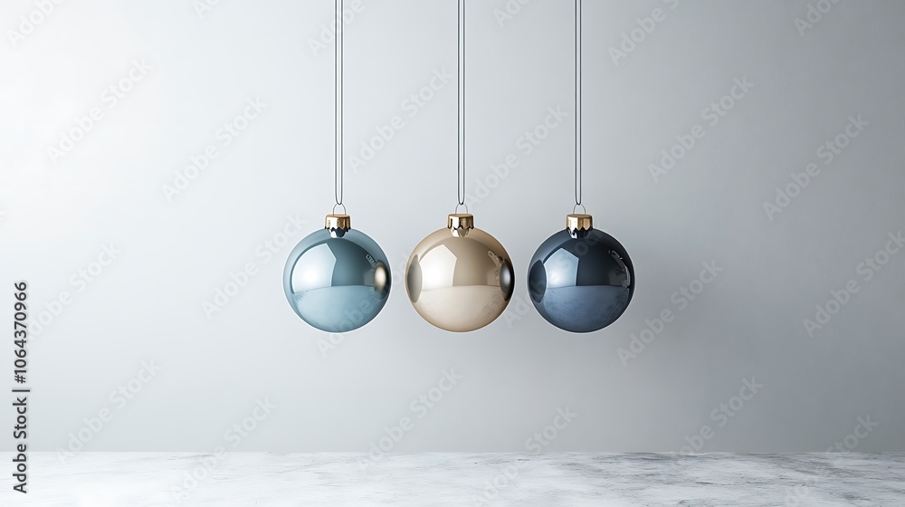 Three Shiny Christmas Ornaments Hanging from the Ceiling Three Shiny Christmas Ornaments Hanging from the Ceiling