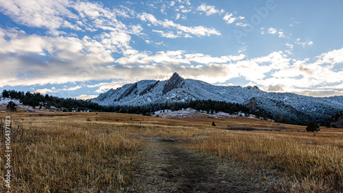 Snowy Winter Landscape in Boulder Colorado, Flatirons, Landscape, Snow, Fall Colors photo