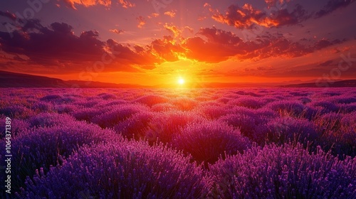 Sunset over a Field of Lavender Flowers