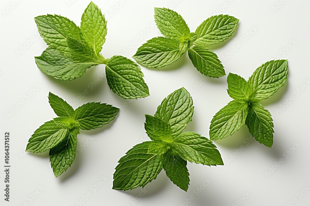 Five sprigs of fresh mint leaves on a white background.