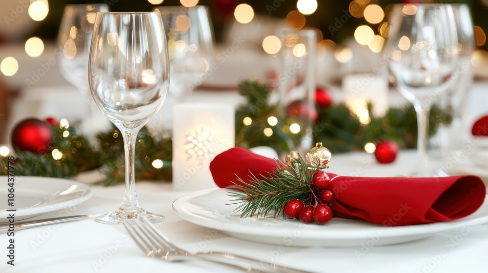 Festive Christmas Table Setting with Red Napkin and Holly Sprig Festive Christmas Table Setting with Red Napkin and Holly Sprig