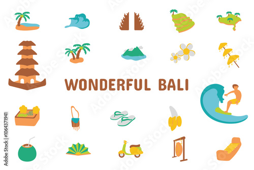Wonderful Bali Flat Vector Illustration Icon Sticker Set Design Materials