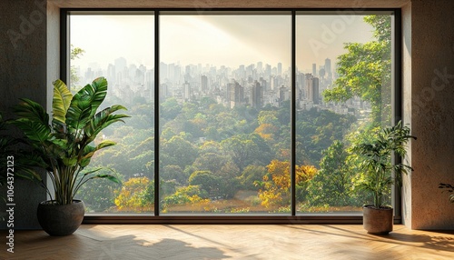 A Modern Interior with a Cityscape View Through a Large Window