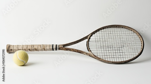 Vintage Tennis Racket and Ball on Minimal Background