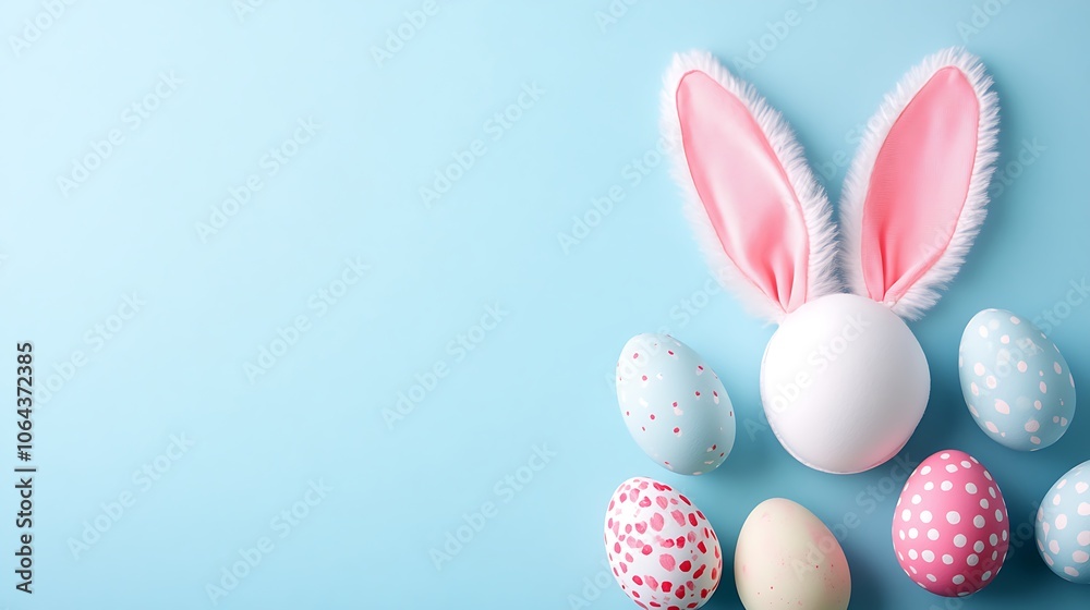 Easter Bunny Ears with Colorful Polka Dot Eggs on a Blue Background Easter Bunny Ears with Colorful Polka Dot Eggs on a Blue Background