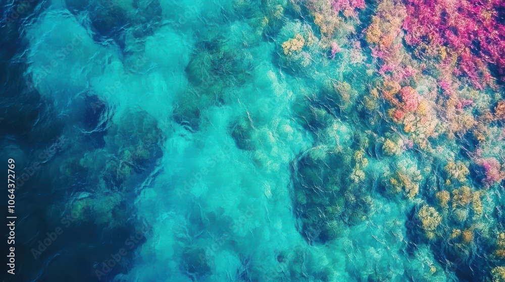 Obraz premium Explore the enchanting underwater landscape where vibrant corals thrive among rocky formations, illuminated by the clear turquoise waters. This serene aquatic scene invites adventure.