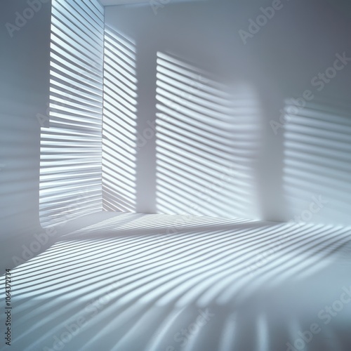 A crisp white studio wall with a gobo shadow pattern of blinds and window frames cast across it. The natural lighting creates an elegant, realistic overlay of shapes, adding visual interest and a photo